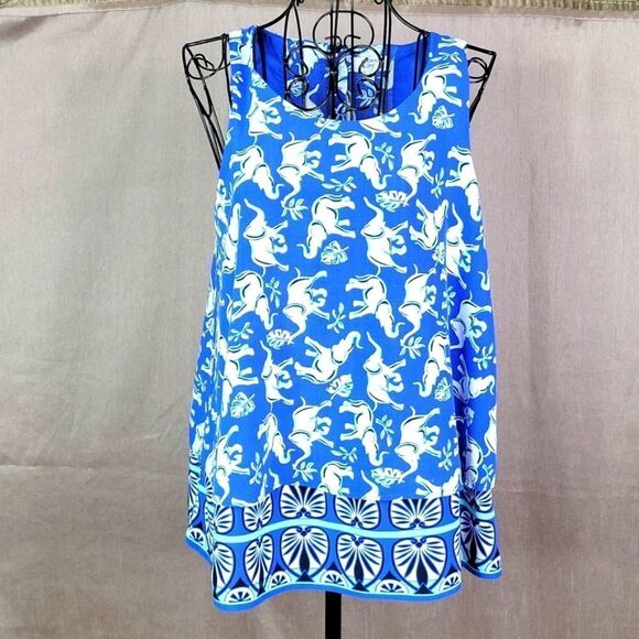 CROWN & IVY‎ Blue and White Layered Elephant Print Blouse Small - Picture 1 of 8